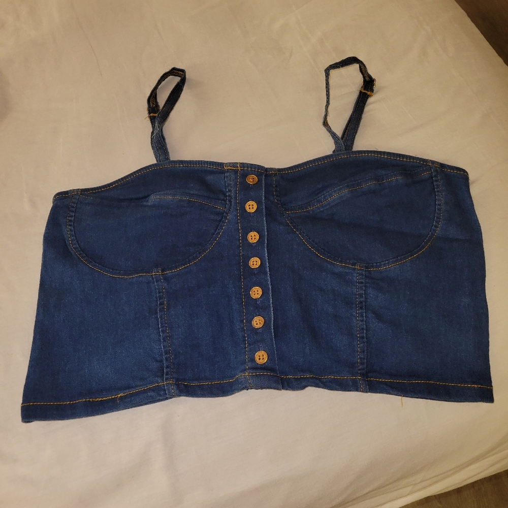 Denim Crop Top * button accents * stretchy back for easy fit. Adjustable straps